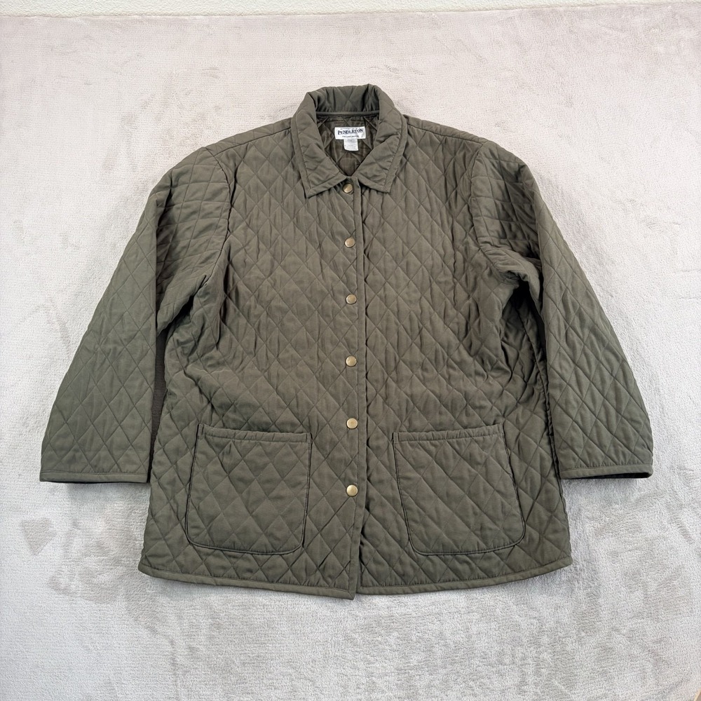 Pendleton Diamond Quilted Barn Jacket in Olive Green Women XL Snap Buttons